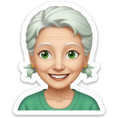 abuela con ojos verdes, pelo blanco, pelo blanco y amarrado, aspecto feliz, pelo blanco, no verde, solo verde los ojos sticker