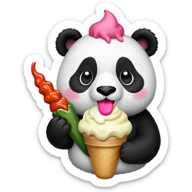 Panda eating jalapeño ice cream topped with hot sauce sticker