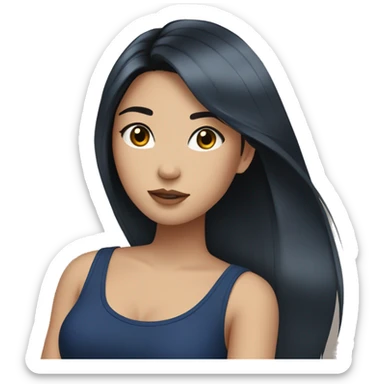 Asian girl with long black straight hair, silver earrings, and a navy tank top sticker