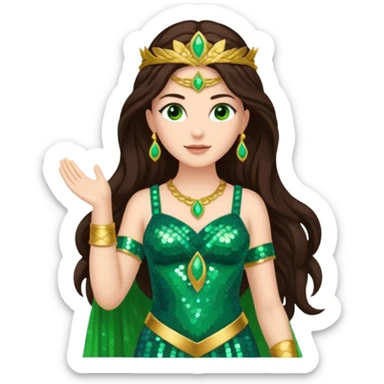 Juno, Goddess of Marriage from Gods and Goddesses with long dark brown hair, green sequin outfit sticker