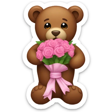 brown teddy bear with pink bouquet sticker