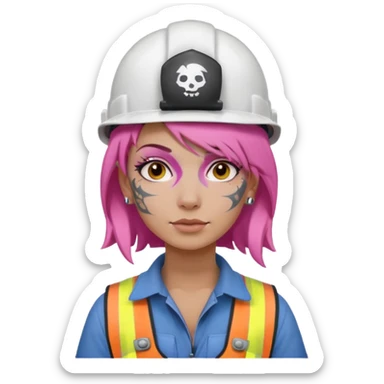 construction worker woman pink hair, white helmet and face tattoo sticker