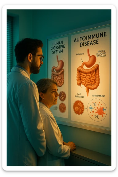 Realistic, detailed photo taken from behind of two doctors—a bearded man and a middle-aged woman—standing side by side in a modern medical office, intently studying a large, illuminated medical chart on the wall. The chart displays a detailed diagram of the human digestive system, highlighting the intestines and showing microscopic images of intestinal parasites. Next to it, another chart illustrates the immune system attacking healthy tissues, visually connecting gut parasites to autoimmune disease mechanisms. The room is bathed in a single green-blue color, with a warm, yellow-orange light casting soft shadows around the doctors. Both wear white coats and have serious, focused expressions, suggesting a deep discussion about the root causes of autoimmune conditions. Shot with a Canon EOS R5, with high detail, natural depth of field, and a clinical yet dramatic atmosphere. sticker
