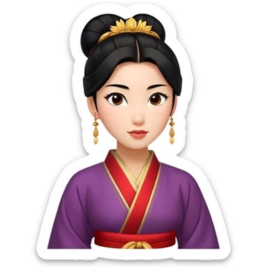 Cinematic Realistic Noble Mulan Portrait, depicted with lifelike, warm light-toned skin that reveals subtle texture and natural shadows. Her sleek black hair is intricately styled into a traditional bun with every strand rendered in exquisite detail, and her almond-shaped eyes, full of quiet resolve, are softly illuminated. She wears a meticulously detailed traditional robe with delicate red and gold accents, its rich fabric textures and gentle folds catching the light beautifully. The portrait radiates a natural, enchanting glow, capturing Mulan’s inner strength and timeless grace in a realistically painterly style. sticker