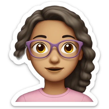 A young girl, around 10-12 years old, with shoulder-length dark hair and wearing light pink-framed glasses. She has a calm and neutral expression sticker