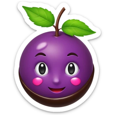playful emoji-style açaí berry bonbon, deep purple shiny berry, bottom half dipped in dark chocolate, small green leaf on top, clean glossy modern emoji look sticker