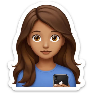 chica con el pelo castaño, largo, ondas sutiles, ojos marrón oscuro, estilo emoji de iPhone sticker