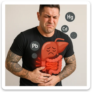 Create a realistic image of a man with the face and appearance of the person in the reference photo, showing pain in the intestine and liver due to heavy metals. The man is holding his abdominal area and appears suffering. Add symbols or visual elements that represent heavy metals. The tone should be educational and respectful. sticker