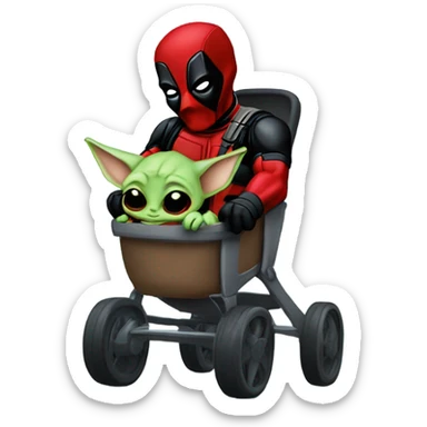 Deadpool pushing baby Yoda in his stroller sticker