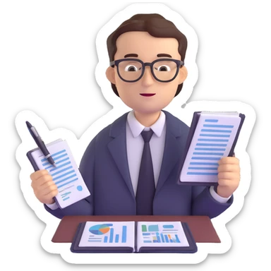 male accountant with financial reports, pen and glasses sticker