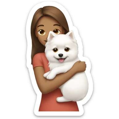 Brown hair girl hugging a white pomeranian sticker