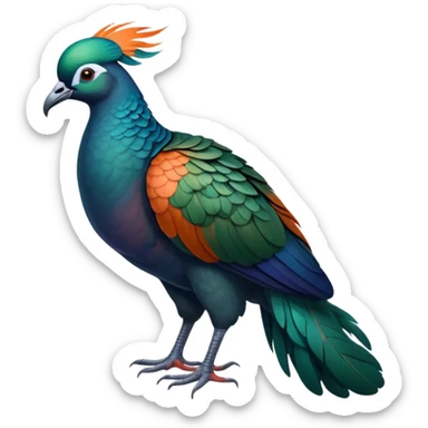 Nicobar pigeon with iridescent blue-green feathers, long neck feathers, bright orange beak, and white tail sticker