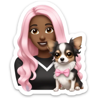 black pretty girl with long black wavy hair with bright brown eyes and wearing a light pink hair bow holding a black and white long haired chihuahua puppy also wearing a hair bow sticker