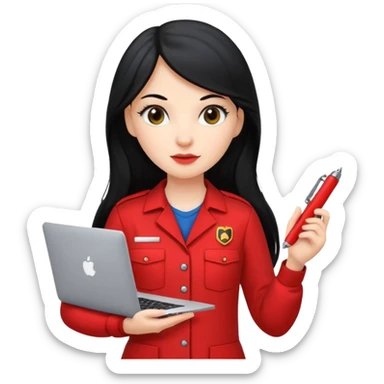 Gere um emoj estilo IOS de uma garota branca, de longos cabelos pretos vestida com um uniforme vermelho de mecanica. Ela deve segurar em uma das maos um mackbook e na outra uma caneta sticker