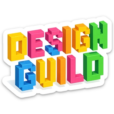 the words 'DESIGN GUILD' in voxel style, bold and colorful sticker