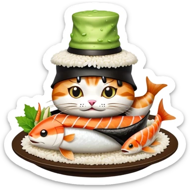 cat wearing a sushi hat with rice base, multiple fish pieces on top, wasabi accent, and lots of soy sauce heavily dripping down the sides, abundant sauce flowing from sushi hat sticker