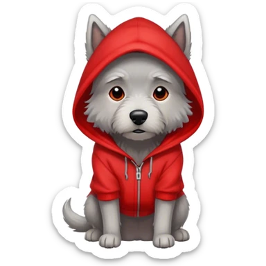 Gray dog scruffy red hood sweatshirt head down sticker