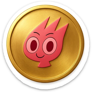 Create a simple flat gold coin with a thin rim and transparent background, no shadows. The coin features only the mascot's head from the provided image, centered and in pink color. No neck or extra details, just the head. sticker