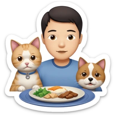 Asian man squinting about to eat a cat with a dog on a plate￼ sticker