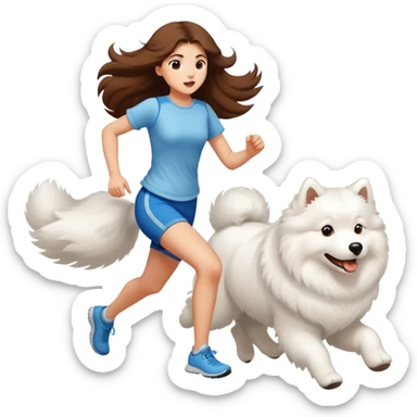 A beautiful girl with long hair runs with a Samoyed sticker