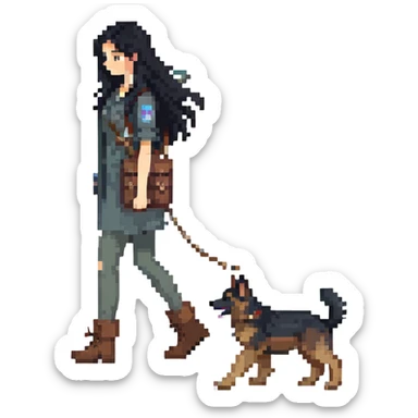 girl with long black hair walking a German Shepherd sticker