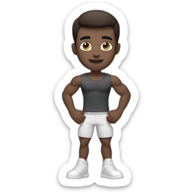 Close up Actively gesturing  with hands Pale skinned Fit Man With the biceps and brown hair in dark gray Sleeveless Mike, black oversize sports shorts, watch and white Sneakers sticker