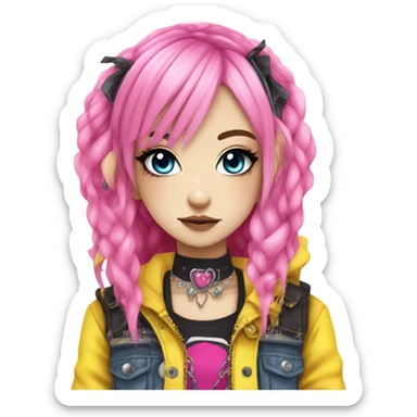 Blue eyed long eye lashes pout blonde and pink hair pale hime gyaru girl, hot pink and yellow split-dyed hair, nose ring, elf ears, dark makeup, punk clothes sticker