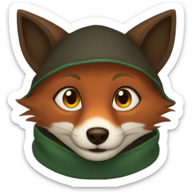 a small dark brown fox with orange eyes with a dark green hood that smile sticker