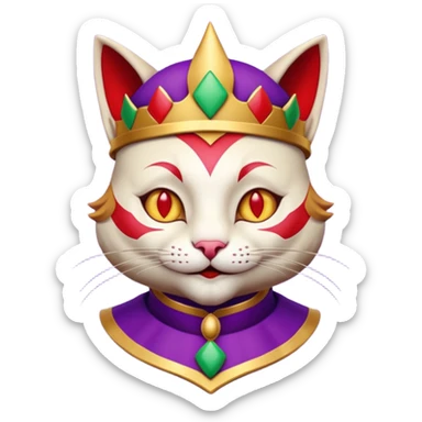 crazy colorful cute little cat jolly joker from poker, medieval, vintage, court jester, mac os icon, purple, gold and red color, half body. Squared shape as 3D mac os icon, symmetrical sticker