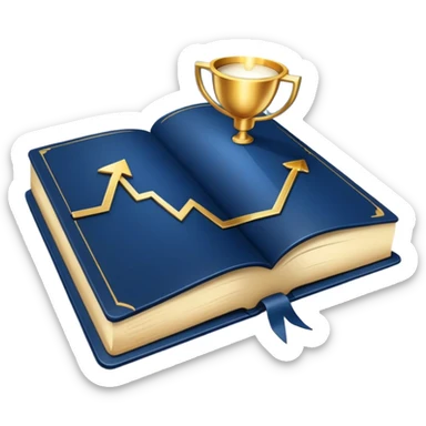 A navy blue productivity book with gold details, chart with upward trend aura, radiating productivity, strategy, and success in motion- sticker