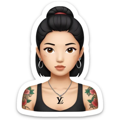 Asian woman with LV tattoo on left cheek sticker