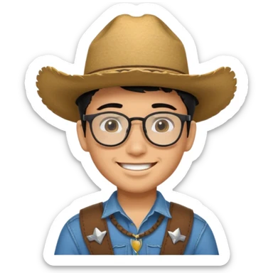 Hispanic Smiling boy with cow boy hat and black hair  . With chin strap and black glasses  sticker