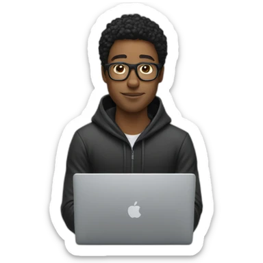 White Man with black carly hair wearing glasses and hoodie sit Infront of laptop sticker