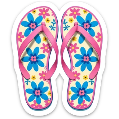 A pair of flip-flops, one pink and one blue, with a floral pattern. sticker