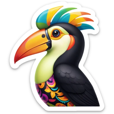 Cinematic Noble Toucan Portrait Emoji, Poised and regal, with a vibrant, striking beak and a sleek, colorful body adorned with bold patterns and keen, observant eyes, Simplified yet sharp and sophisticated features, highly detailed, glowing with a soft, tropical radiance, high shine, intelligent and majestic, stylized with an air of exotic elegance, focused and alert, soft glowing outline, capturing the essence of a watchful and confident avian guardian that appears ready to take flight out of the screen with effortless authority! sticker