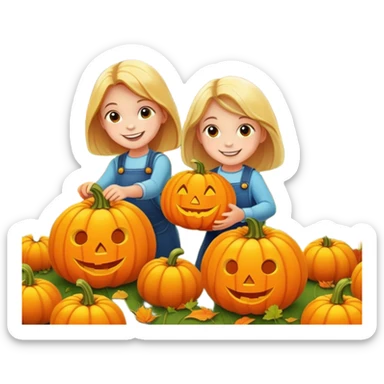 children picking pumpkins in a pumpkin patch, orange leaves, happy faces sticker