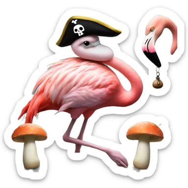 A flamingo pirate hallucinating￼ on mushrooms sticker