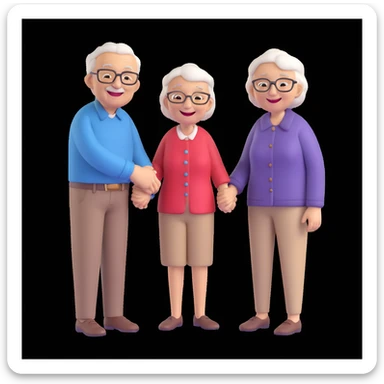 elderly man and woman holding hands and laughing, realistic 3D style, cozy setting sticker