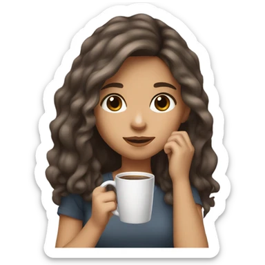 A girl with brown hair with dark gray highlights, fair skin, long, soft, beautiful hair, soft lips, brown eyes, drinking coffee, and a small nose. sticker