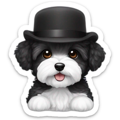 Maltipoo, black and white, with black hat sticker