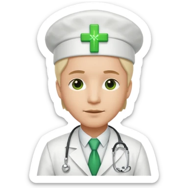 a doctor in white suit with a doctor hat with green cross sticker
