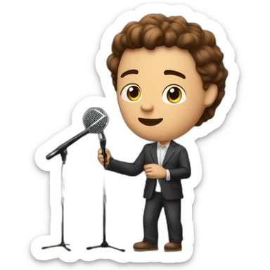  men with brown hair and light skin on stage spotlight with microphone stand in front of him with show spotlights on a stage sticker