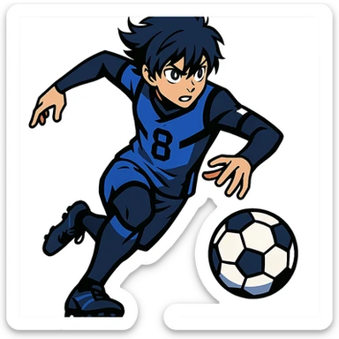 anime soccer player inspired by Blue Lock, dynamic pose, blue and black uniform sticker