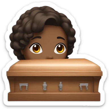 brunette head next to a coffin sticker