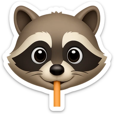 Show only the raccoon's face drinking through a straw in the style of apple emojis, with no background, focusing on concise emoji style details. sticker