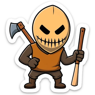 slasher film character with dirty burlap sack mask and axe sticker