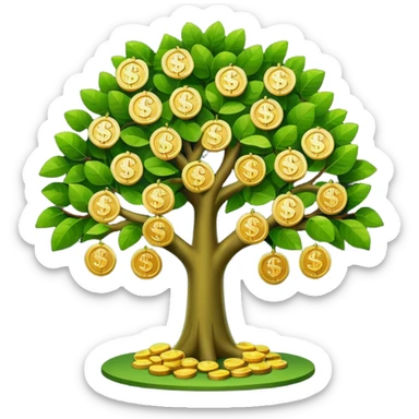 Apple-style money tree, round soft green canopy.
No pot, no ground — only the tree.
Small gold coins as fruits inside the leaves (not below).
Flat 2D vector, clean shapes, no gradients.
Dark near-black background, premium fintech icon. sticker