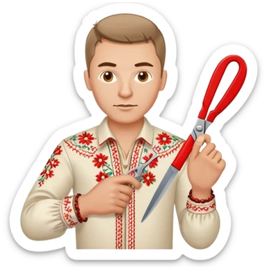 Ukrainian man in traditional vyshyvanka embroidered shirt holding red scissors in one hand and a spanner in the other hand sticker