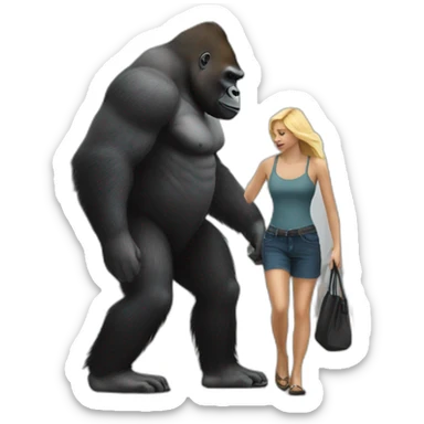 Gorilla walking a blonde woman on the street sticker