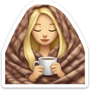 Blonde girl inside a blanket sipping coffee eyes closed sticker